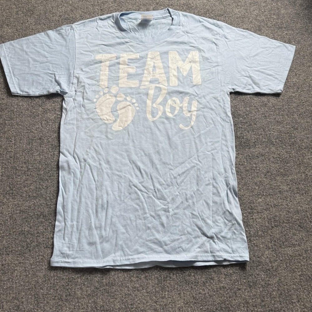 Team Boy Gender Reveal T Shirt Light Blue Baby Shower Graphic Tee Unisex M